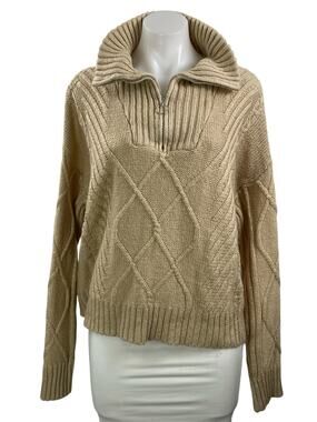 SNDYS Women's Beige Cable Knit Long Sleeve 1/4 Zip Collared Sweater Top Size M